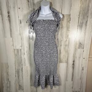 Mable Dusty Blue Floral Midi Dress M | Smocked Halter | Ruffle Hem | MSRP $90